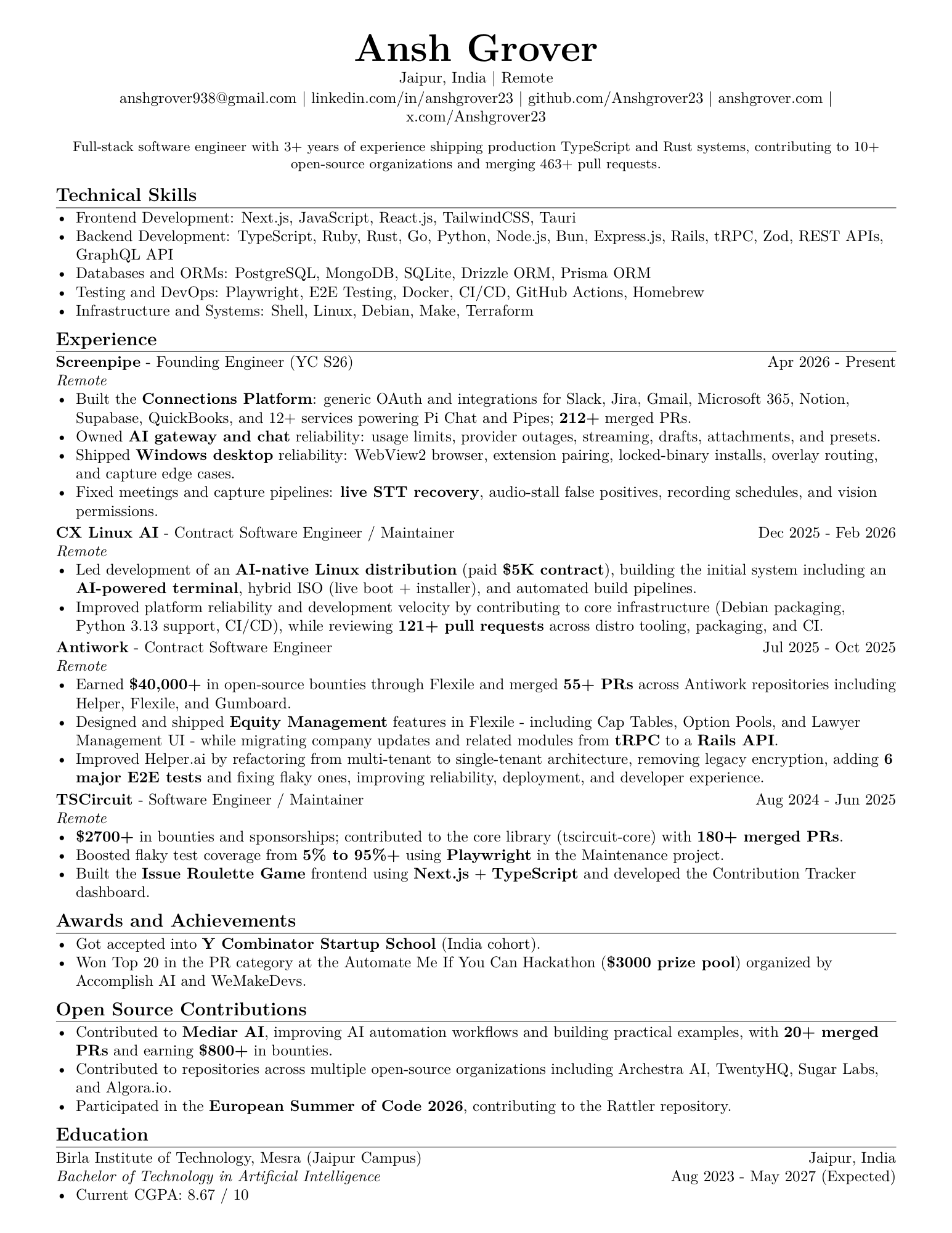 Ansh Grover resume — one page PDF preview